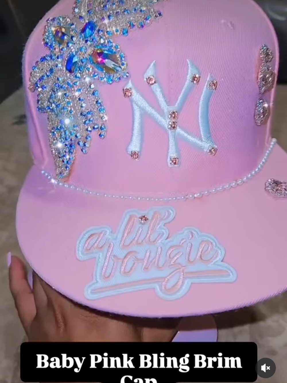 Baby Pink Bling Brim Cap with Rhinestone NY Detail
